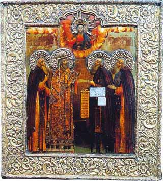 Преподобный Кирилл, игумен Белоезерский со святыми Германом, Зосимой и Савватием Соловецкими